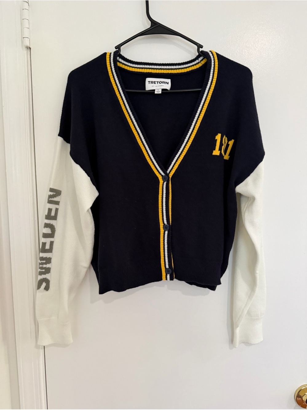 Tretorn Varsity Cardigan Sweater Women’s L Navy Yellow Preppy Academia Sporty